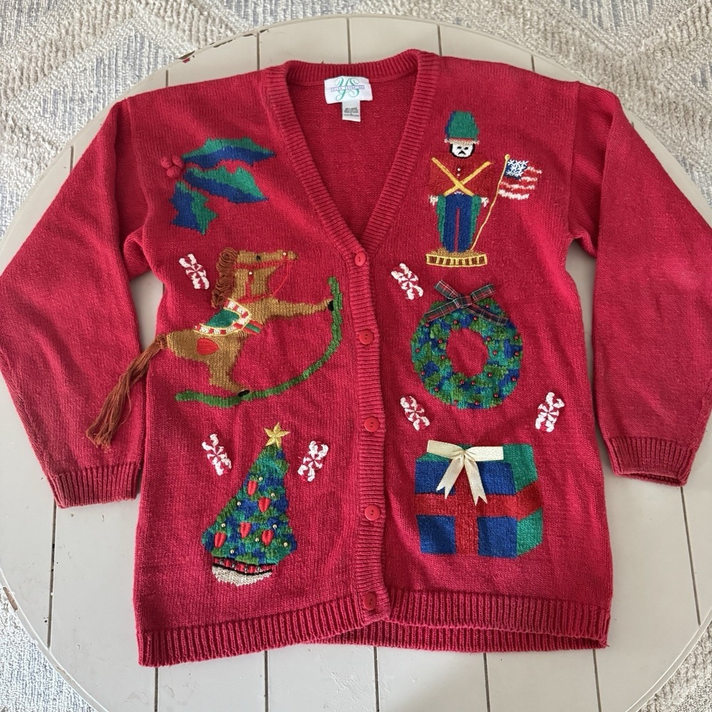 Vintage 90s Embellished Christmas Cardigan Sz L Beads Equestrian Americana